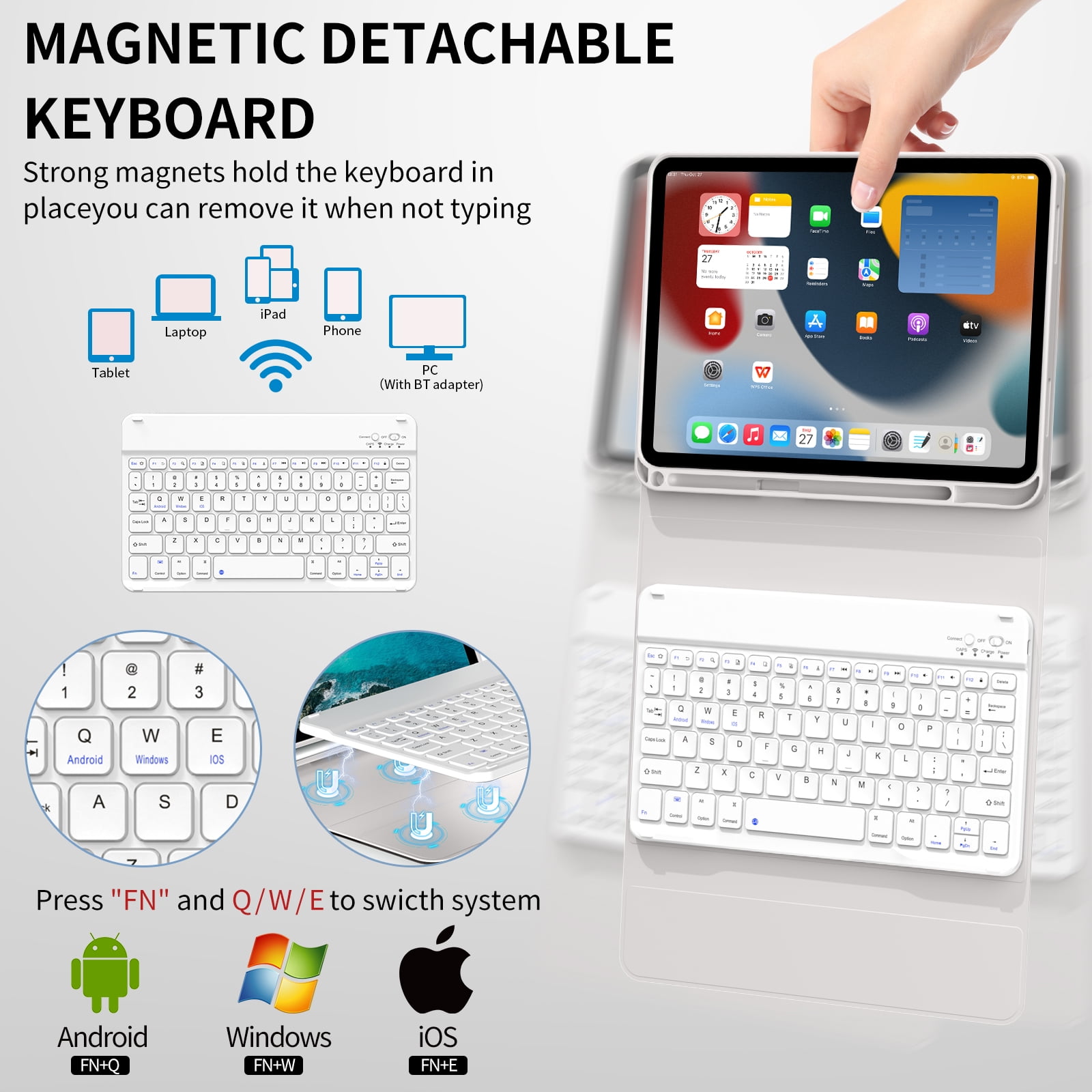 Aoub Keyboard Case for iPad 11th 10th Generation 2025 2022 A16 with Pencil Holder Magnetic Detachable Wireless Bluetooth Rechargeable Keyboard Cover for iPad 10th 10.9 inch/11th 11 inch, Grey