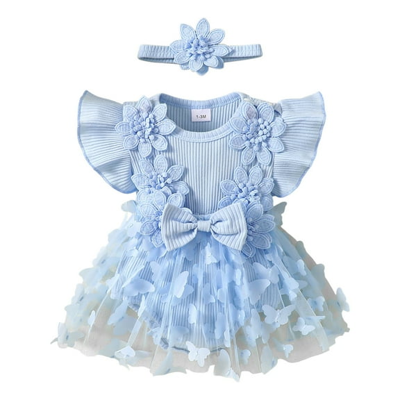 Zanarzt Newborn Baby Girl Clothes Baby Girl Bow Print Sleeveless Romper Skirt Bodysuit Headbands Set Blue,12-18 Months