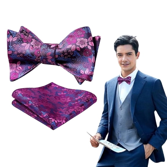 2-Piece Set of Men's Self-Tie Floral Bow Tie & Pocket Square, Jacquard Woven for Wedding & Formal Events