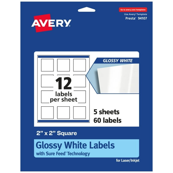 Avery Square Labels with Sure Feed, 2" x 2", 60 Glossy White Labels