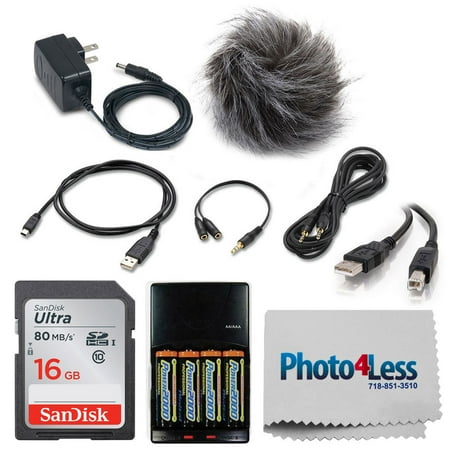 Image of Zoom Accessory Pack for H4n Pro + SanDisk 16GB Ultra UHS-I SDHC 80 MB/s Memory Card (Class 10) + 4 AA Batteries & Charger + USB 2.0 A Male to B Male Cable + Photo4Less Cleaning Cloth – Top Kit