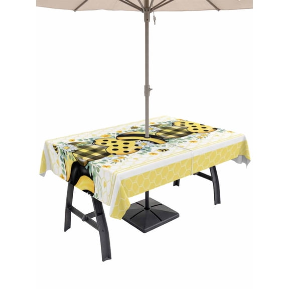 Outdoor Tablecloth with Umbrella Hole and Zipper, Bee Daisy Rectangle Table Cloth 60x84 Inch Waterproof Tablecloth, Botanical Eucalyptus Leaves Spring Love Yellow Picnic Table Cover for Patio Camping
