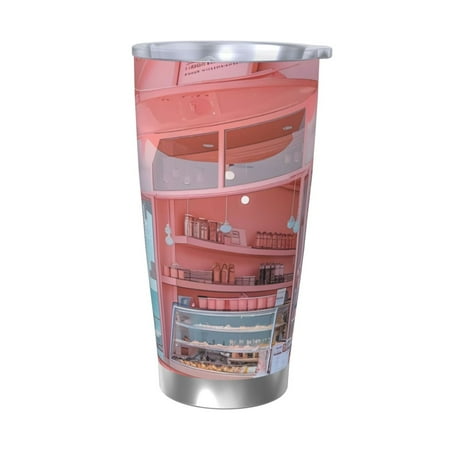 

Uemuo Pastel Pink Beach Cafe Print Travel Coffee Mug 20oz Double-walled Car Cup Stainless Steel Insulated Tumbler Leak-proof Travel Cup Reusable Straw Car Cup-Without Straw