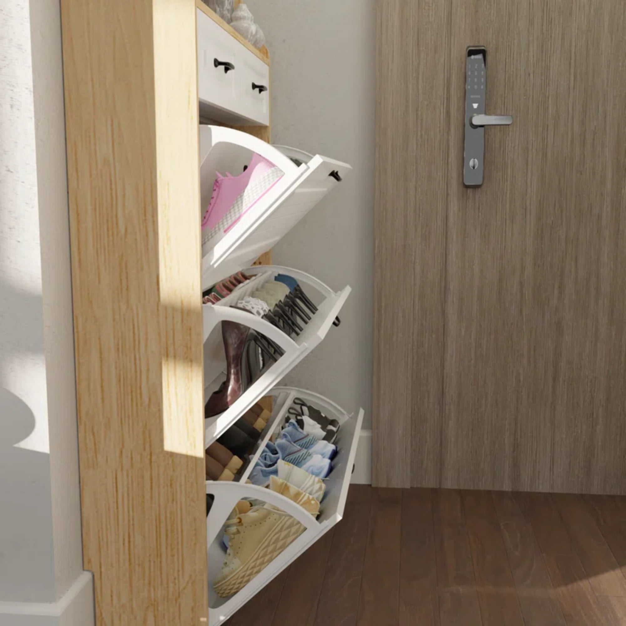 Demi Bonn Narrow Shoe Storage Cabinet, Shoe Cabinet for Entryway with 3 Flip Drawers and Hanging Rack, Wood Hidden Freestanding Shoe Organizer for Hallway, Bedroom, Apartment, Oak