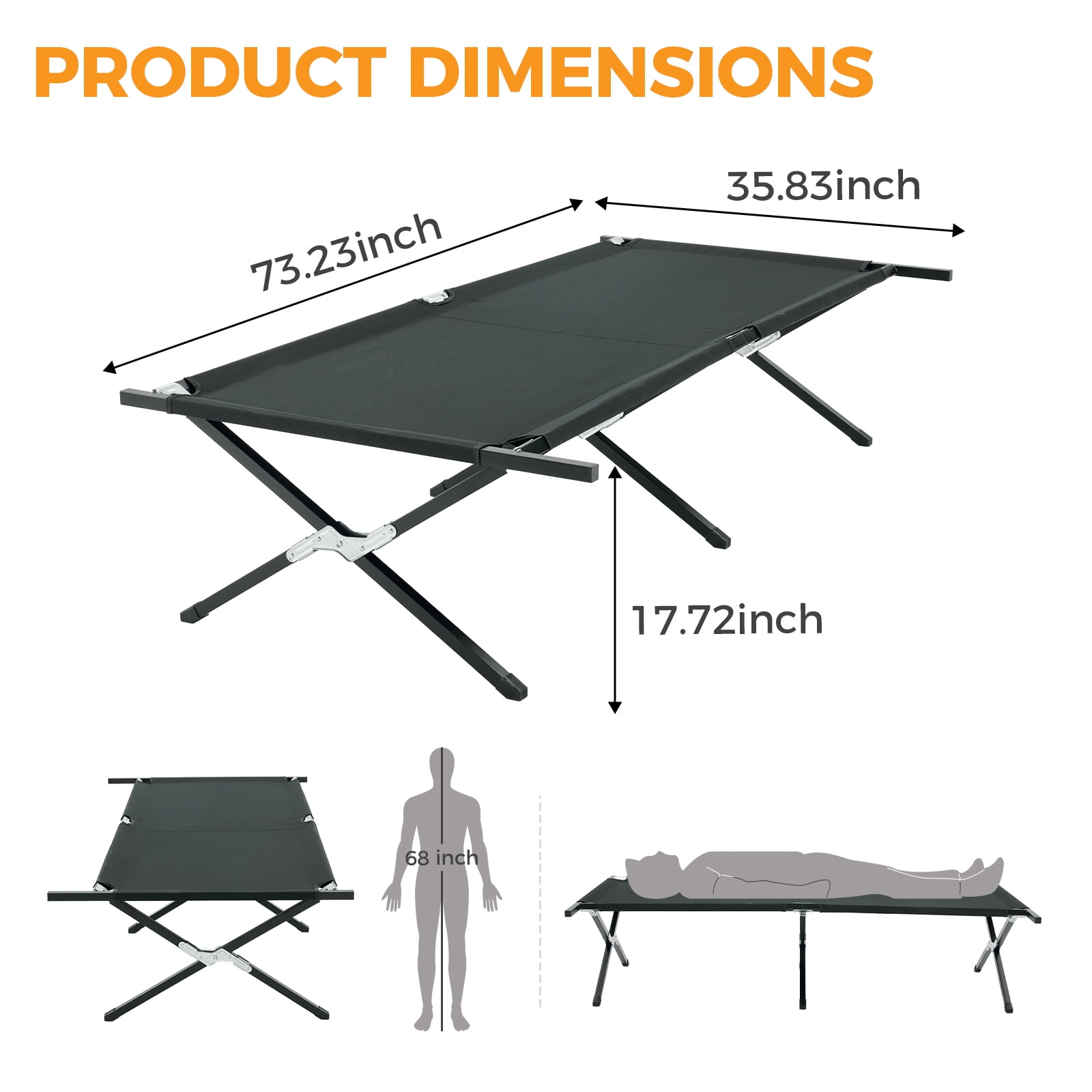 edx Collapsible Camping Adult Cot, Black, 73" x 36"