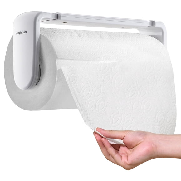 simpletome Porte-Serviettes en Papier sous Armoire Ou Mural, Bras de Tension à une Main pour Rouleau de Cuisine (Blanc, pour Rouleau de 24-28cm/9.4-11 Pouces)