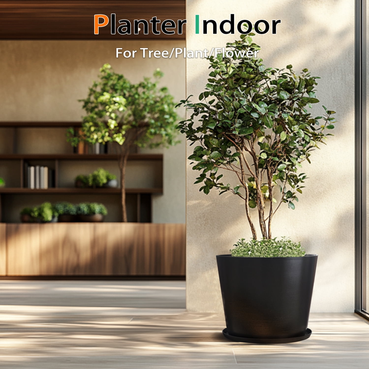 Vucunty Planter Set with Saucers, Round Planters 2 Pack, Large Resin Pots, 16 Inch, Outdoor Indoor Flower Pots, Black