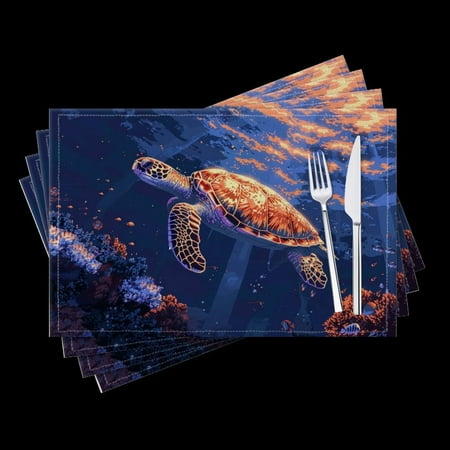

Bahomeck Placemats Set Of 4 Rectangle Linen Cotton Placemats For Dining Table Fade Resistance Washable Heat Resistant，18*12Inch Pixel Art Of Sea Turtle Swimming In The Ocean