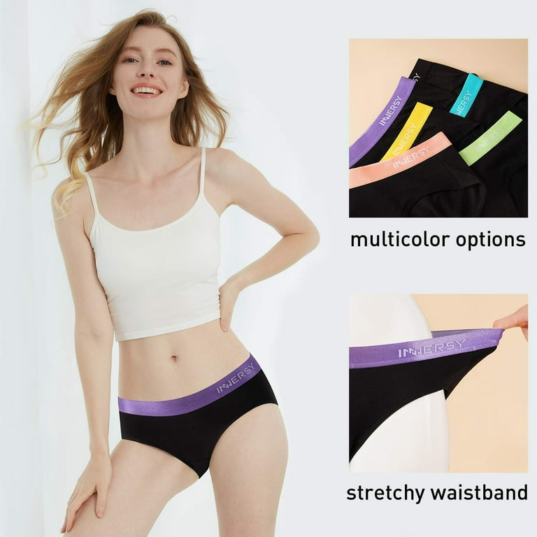 INNERSY Womens' Hipster Underwear Cotton Panties Wide Waistband Sport  Underwear Pack of 6 (Medium, Black With Colorful Waistbands) 