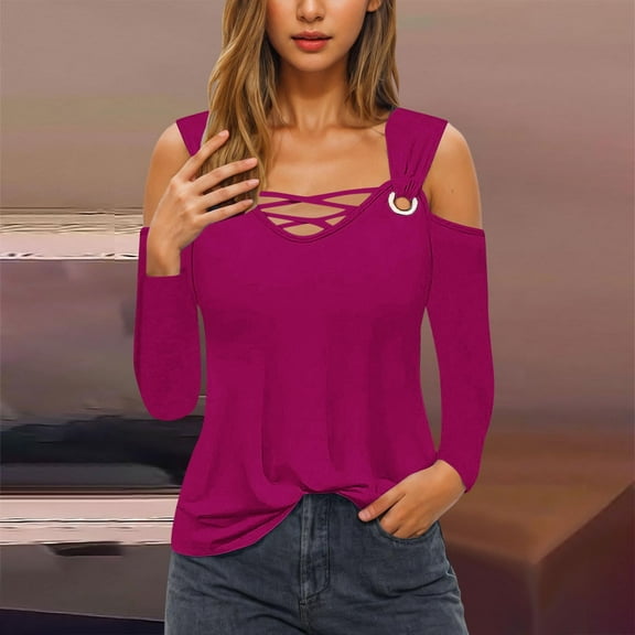 DAFPZW Fall Blouses for Women 2025 Trendy Cold Shoulder Long Sleeve Shirts Hollow Out V Neck Casual Pullover Tops for Ladies