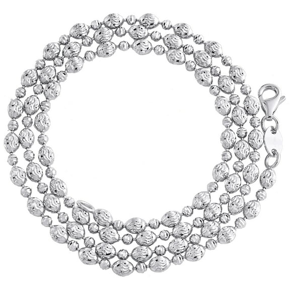 10K White Gold Texture Moon Cut / Candy Bead 3mm Italian Chain / Necklace 18"