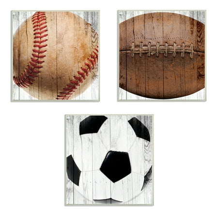 The Kids Room by Stupell Baseball Football Soccer Wood Planks 3pc Wall Plaque Art Set, 12 x 0.5 x 12