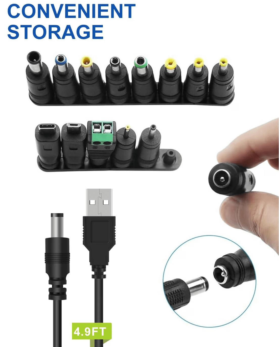USB to DC Power Cable, DC 5V Power Cord 5.5 2.1mm Jack Charging Cable with 14 Interchangeable Plugs Addapters for 5V Devices