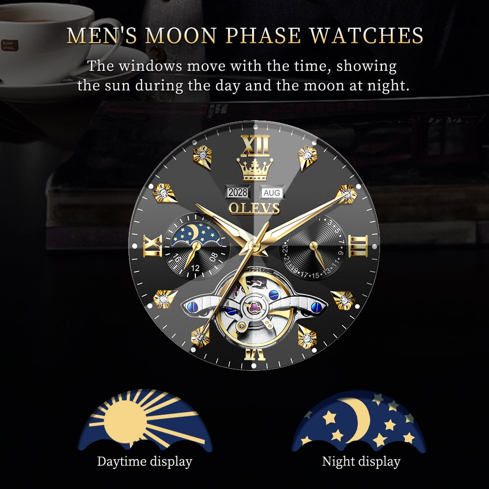 OLEVS Automatic Watches for Men Luxury Dress Waterproof Self Winding Mechanical Moon Phase Chronograph Stainless Steel Luminous Diamond Date Skeleton Tourbillon Wristwatch for Men Reloj Para Hombre