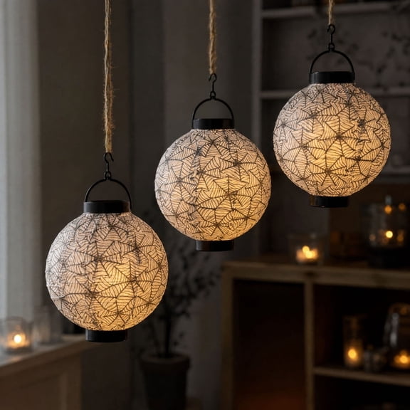 Halloween Paper Lanterns with LED Warm Glow, 1-Pack Web Print Hanging Decorative Lights for Indoor Home Party, Ceiling, Window, Doorway or Tabletop
