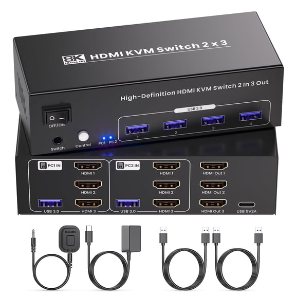 3 Monitors 2 Computers KVM Switch, 8K@60Hz 4K@120Hz HDMI Switcher with USB 3.0 for Keyboard Mouse Sharing