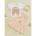 thumbnail image 2 of Suagox Baby Girl 3Pcs Spring Outfits Short Sleeve Rainbow Print T-Shirt + Flare Pants + Headband Set Toddler Clothes for 6-12 Months and 1-4 Years Old Baby, 2 of 10