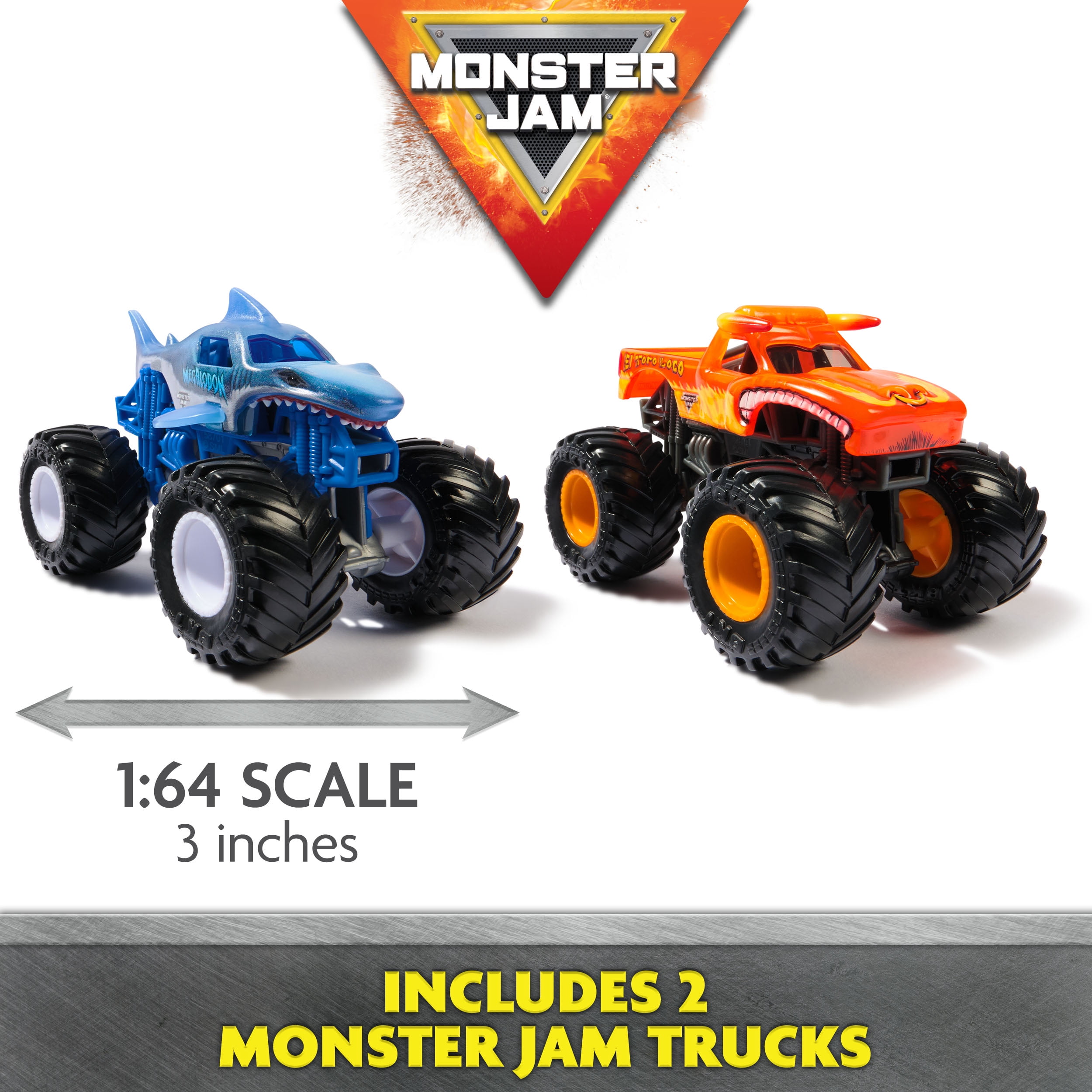 Monster Jam, Coffret Supercharge Speedway avec monster trucks Megalodon et El Toro Loco en métal moulé à l'échelle 1:64 , circuit lumineux Monster Jam World Finals, jouets pour enfants garçons à parti Monster Jam