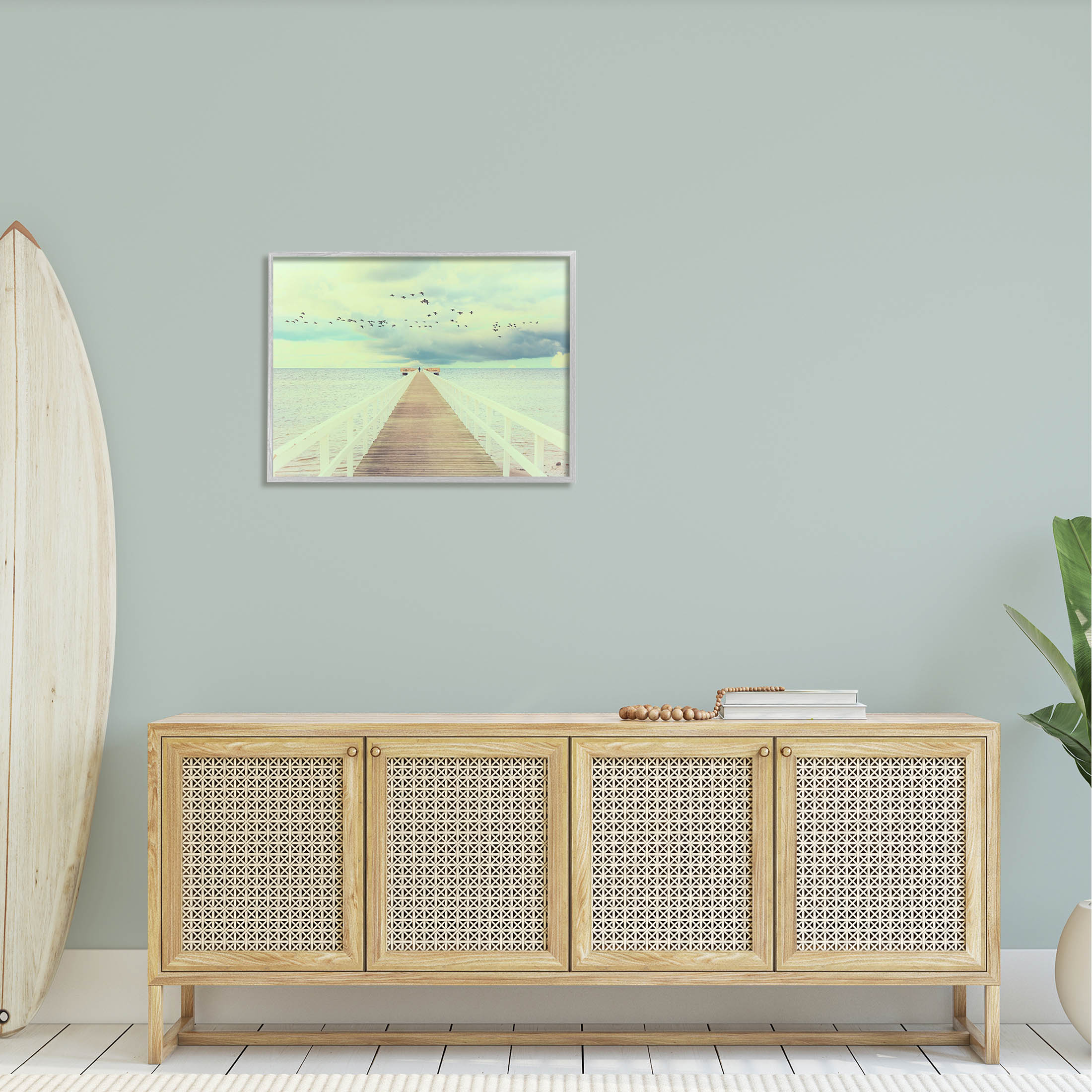 Distant Dock Peaceful Coast Shore Coastal Photograph Gray Framed Art Print Wall Art