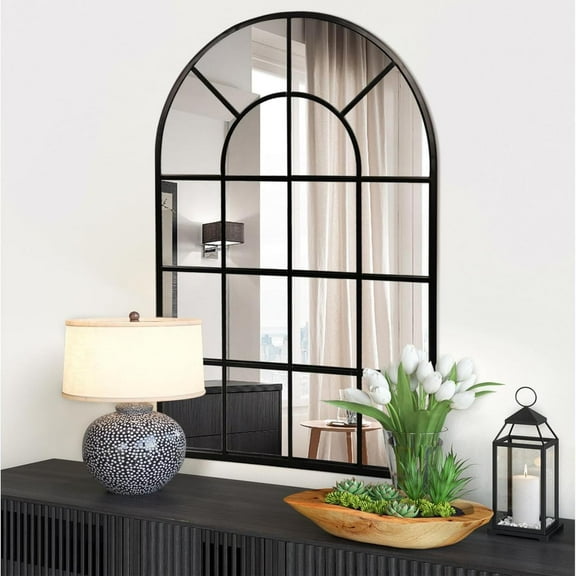 GRAHMCY 36" x 24" Arched Windowpane Mirror Decorative Wall Mirror Bathroom Mirror, Black