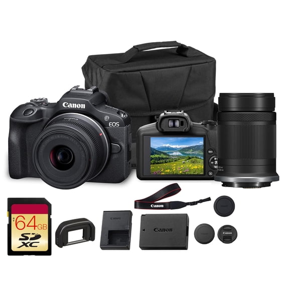 Canon EOS R50 Mirrorless Camera with 18-45mm & 55-210mm RF-S Lenses | 24.2MP APS-C Sensor, Dual Pixel CMOS AF, 4K Video | Compact Hybrid Camera Kit with Shoulder Bag and 64GB Card