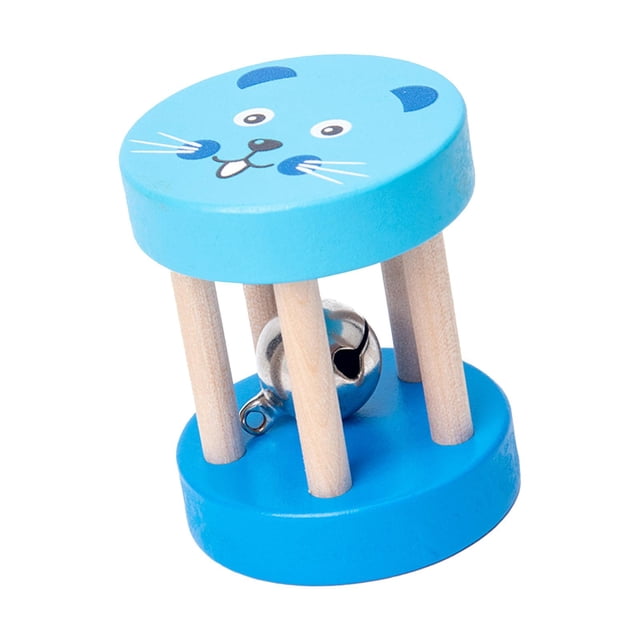 Sonajero con rodillo de madera para bebé, juguete portátil con campana, enfermería para edades de 0 a 2 años, juguete sensorial , desarrolla azul