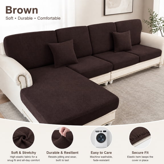 Couch Cushion Covers for Sectional Sofa L Shape Washable Separate Seat Chaise Slipcovers with 2 Pillowcases (2 Seater 1 Chaise, Brown)