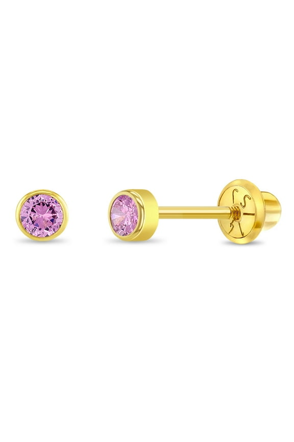 14k Yellow Gold Tiny Bezel CZ Screw Back Baby Infants Girls Earrings 3mm
