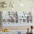 thumbnail image 2 of Hiphuta 47"Wide Large Kids Bookcase, Wood Bookshelf Toy Storage Organizer with Book Rack & Movable Boxes, Gray Bookshelf for Kids Room, 2 of 7
