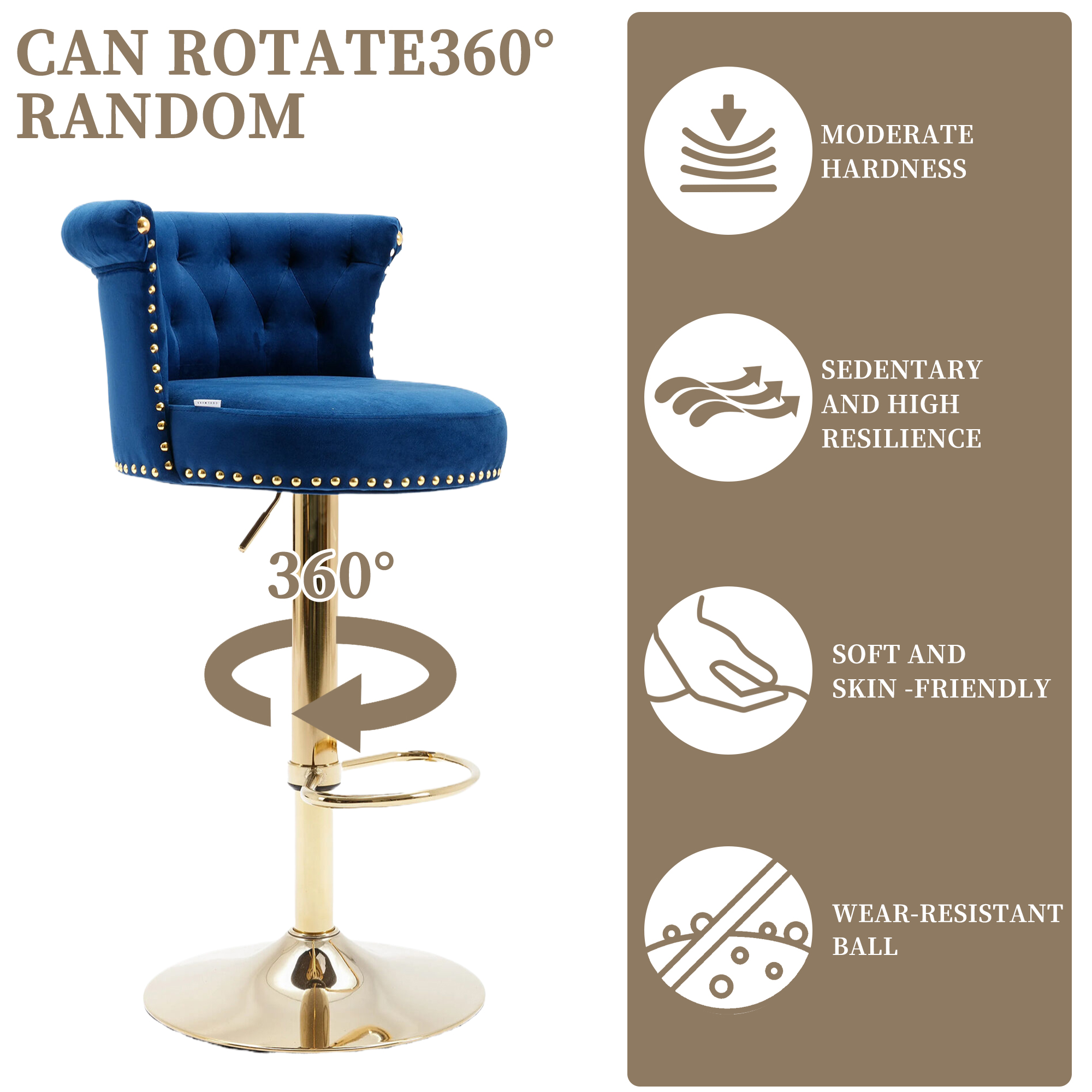 MOONMISS Velvet Tufted Nailheads Swivel Adjustable Height Bar Stools(set of 2)-NAVY