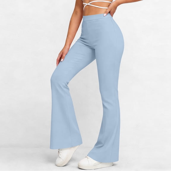 Women's Solid Color High Stretch Flare Yoga Pants Butt Lifting Elastic Waist Workout Long Pants Light Blue M