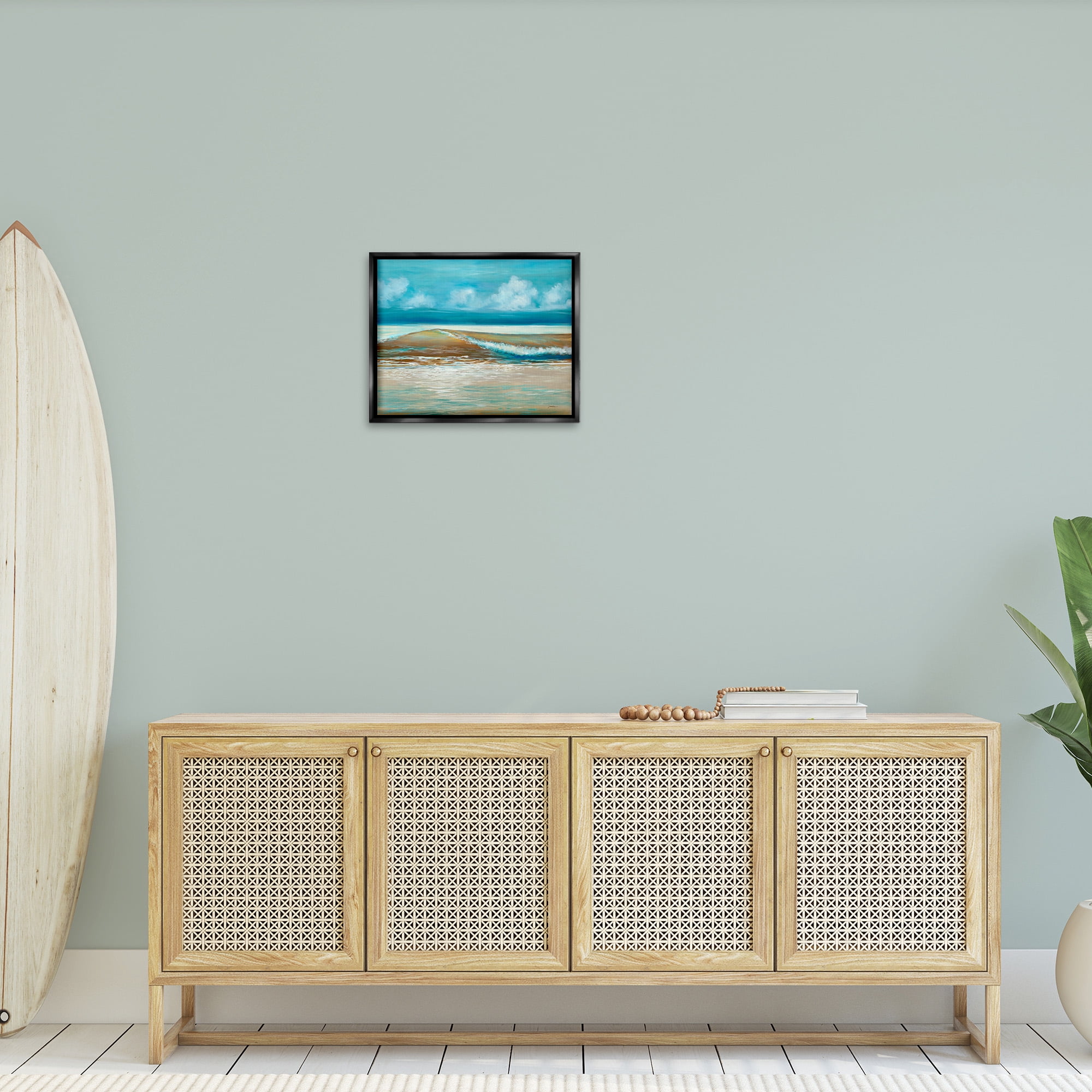 Stupell Industries Modern Rolling Sea Waves Landscape Painting Black Floater Framed Canvas Art Print Wall Art, 21 x 17