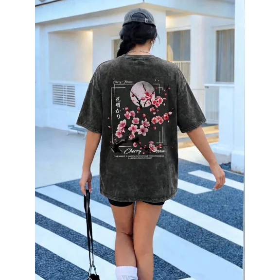 Cherry Blossom Moon Floral Graphic Vintage Oversized Washed High Street Grunge Y2K Short Sleeve Crewneck Cotton Unisex Men's Women's Tee Shirt