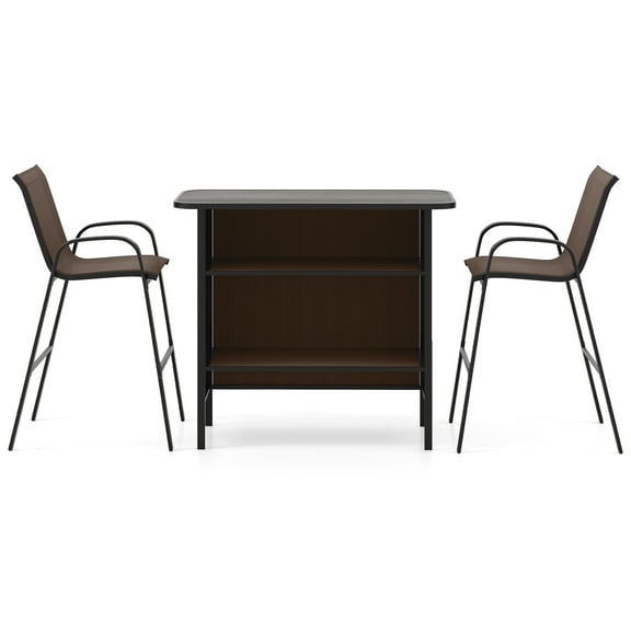 Gymax Set Of 3 Outdoor Bar Set Bar Height Table & Armchairs w/ Footrest 2-Tier Shelf Brown
