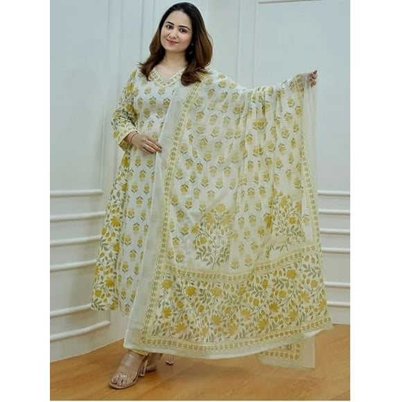 Aizza Trends Women's Cotton Febric Printed Straight Kurti With Afghani Pant and Dupatta Set