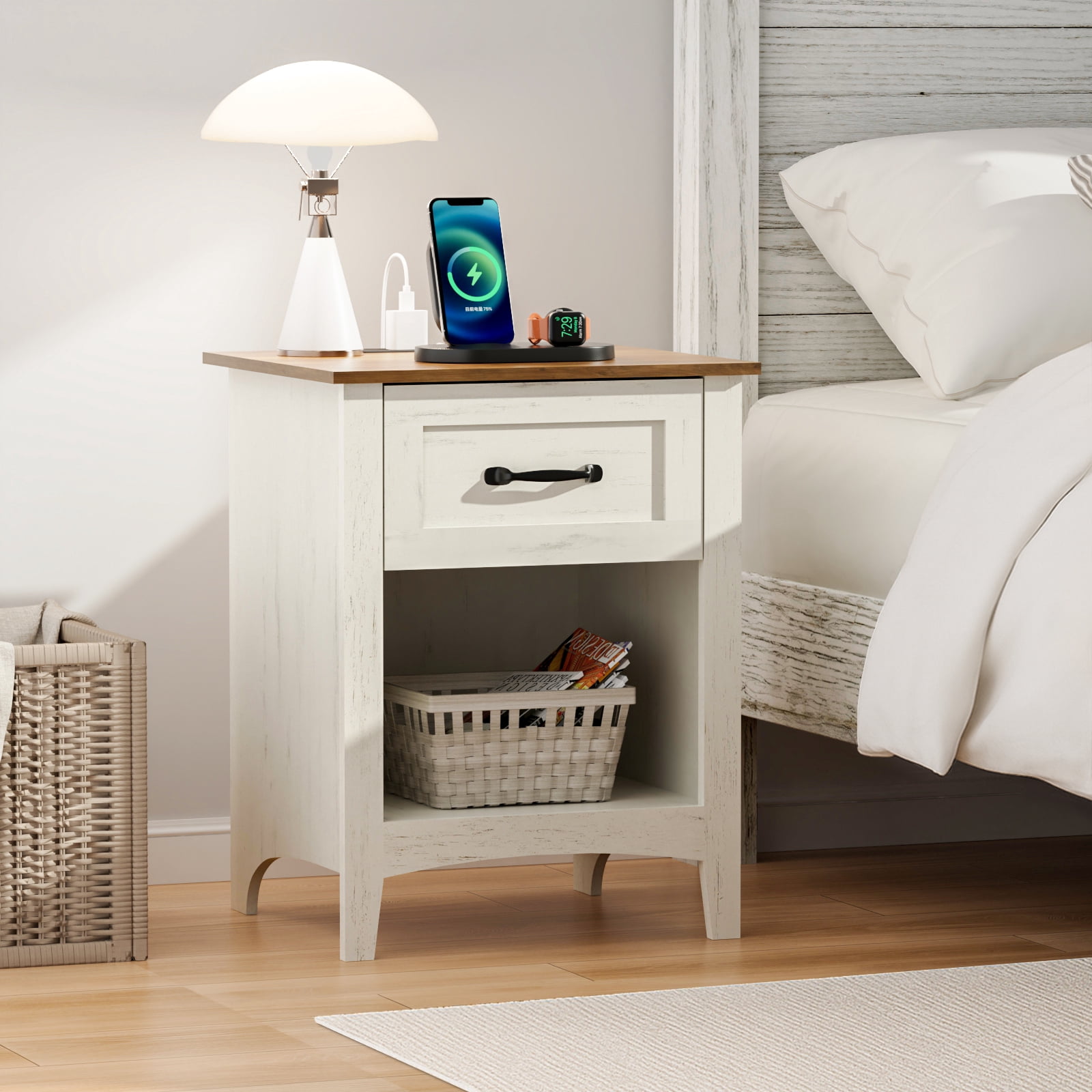 Hommpa End Table With Charging Station For Living Room, Farmhouse Side Table with Drawer, Nightstand Bedside Table with Storage Shelves For Bedroom, Rustic White