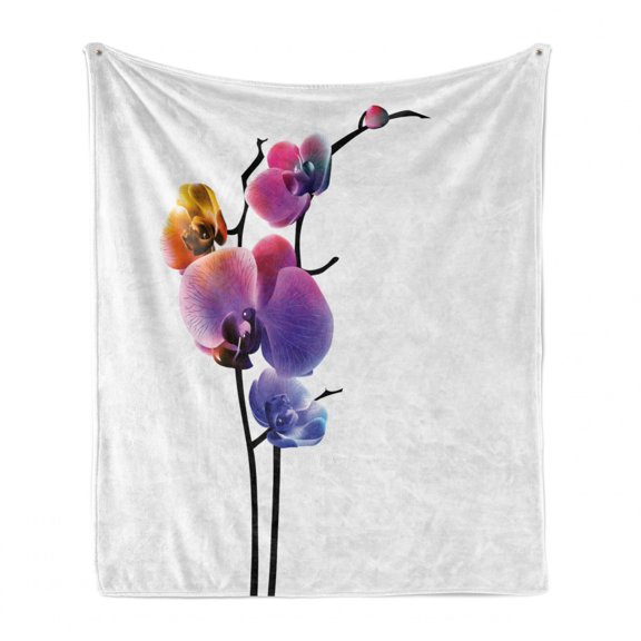 Orchids Soft Flannel Fleece Blanket, Modern Design Abstract Branch of a Flowering Plant with Vibrant Color Transitions, Cozy Plush for Indoor and Outdoor Use, 50" x 70", Multicolor, by Ambesonne