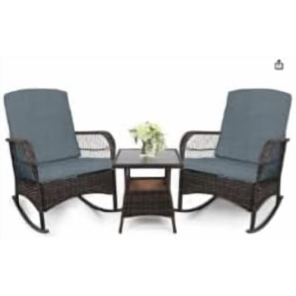 3 Piece Wicker Patio Rocking Chair Set, Outdoor Rattan Conversation Set with Coffee Table & Beige Cushions, All-Weather Bistro Furniture for Porch Garden and Balcony