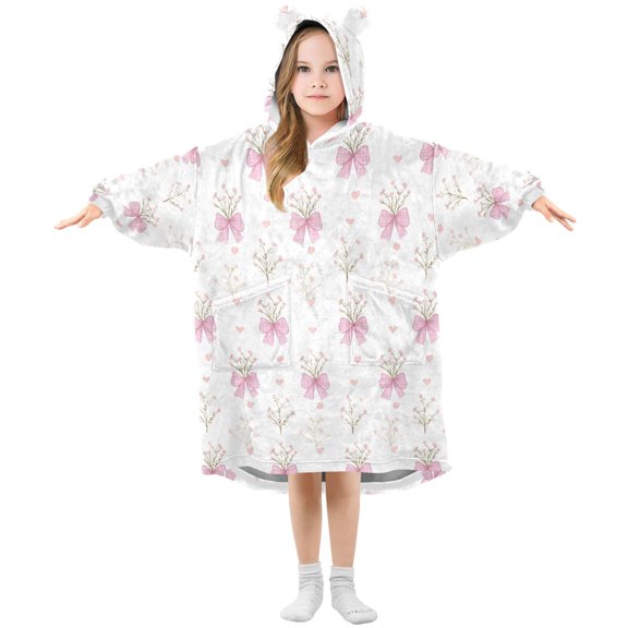 Wearable Blanket Hoodie for Kids Bow Knot Flowers Love Flannel Hooded Blanket with Pockets and Sleeves Suitable for Boys and Girls