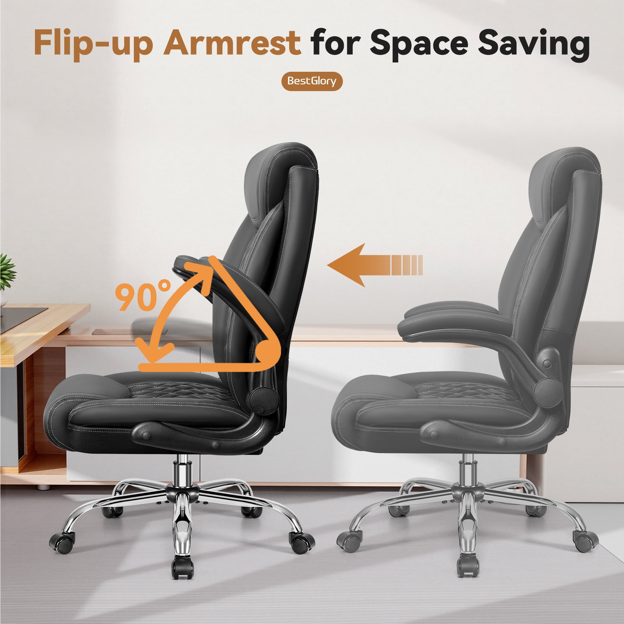FASTES Ergonomic Office Chair, Desk Chair with High Back Flip-up Armrests Big and Tall Gaming Leather Chair with Rocking Function 2 Reclining Position,Black