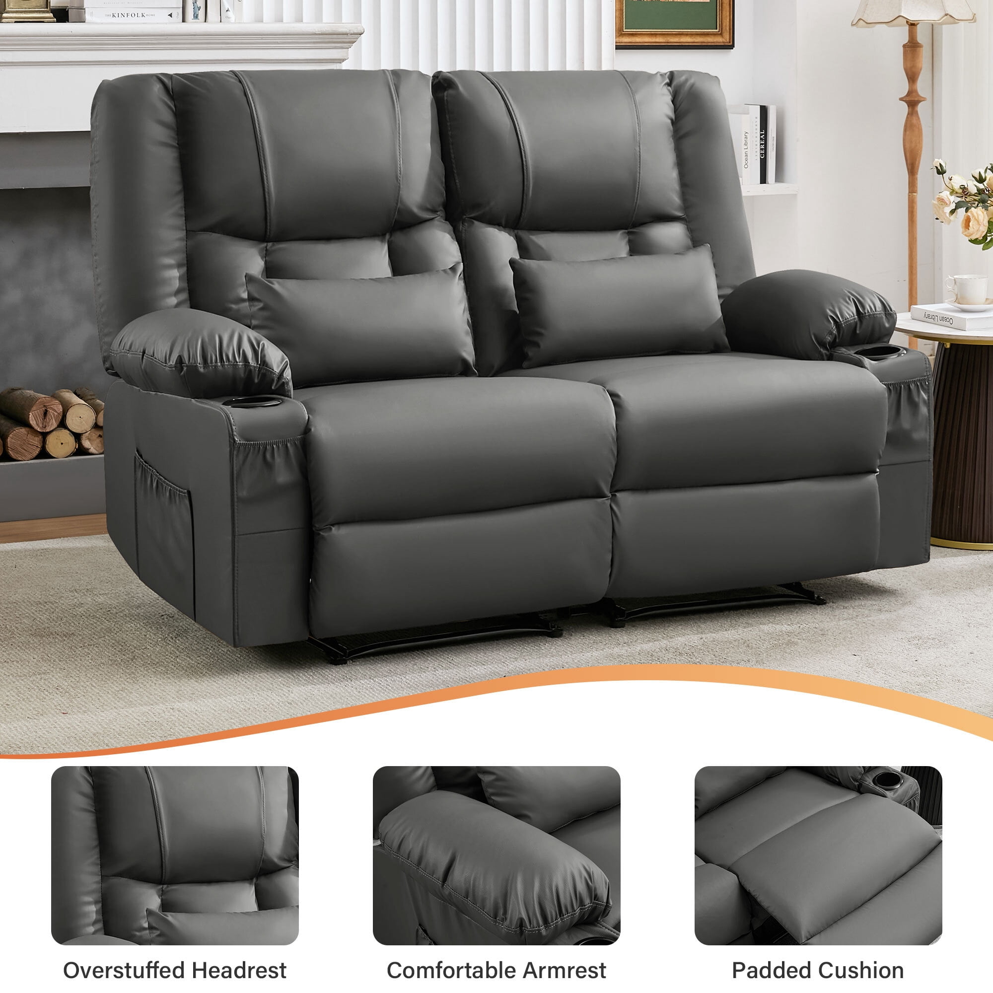 Alvantor Loveseat Recliner Sofa for Adults with Massage & Heating, Modern Leather Manual Recliner Chair with Cup Holders for Home Theater Gray