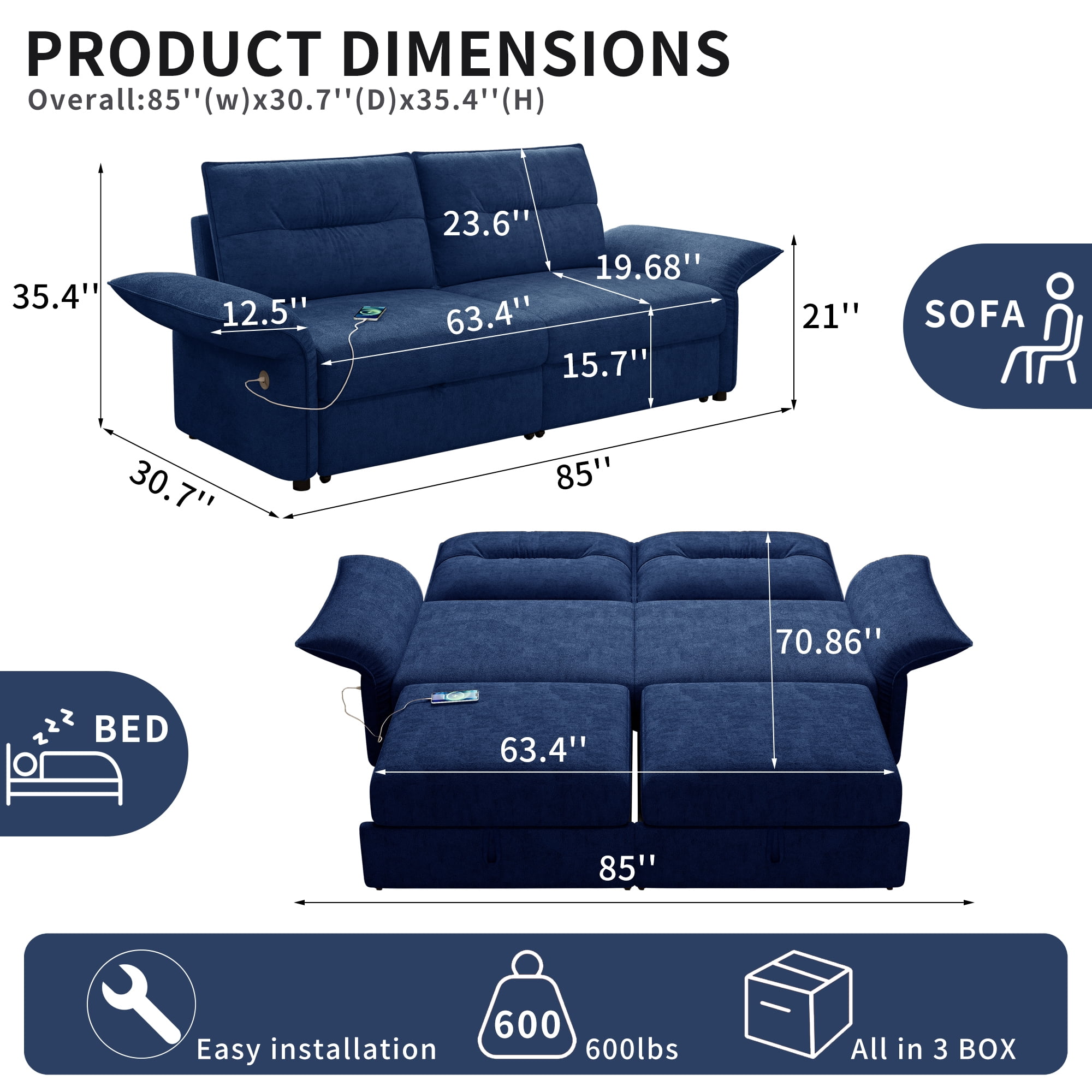 Leumius 85" Convertible Sofa Bed with Wood Frame,2-in-1 Upholstered Sleeper Sofa Bed with Pull Out Bed for Living Room,Apartment,600 lbs Capacity,Blue
