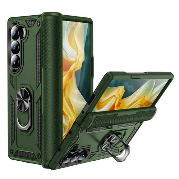 For Samsung Galaxy Z Fold 5 Case ,Heavy Duty Shockproof Body Phone Cover Built in Metal Rotated Magnetic Ring Holder Kickstand,Dropproof,Dustproof,Dual Layer Military-Grade Drop protection,Armygreen