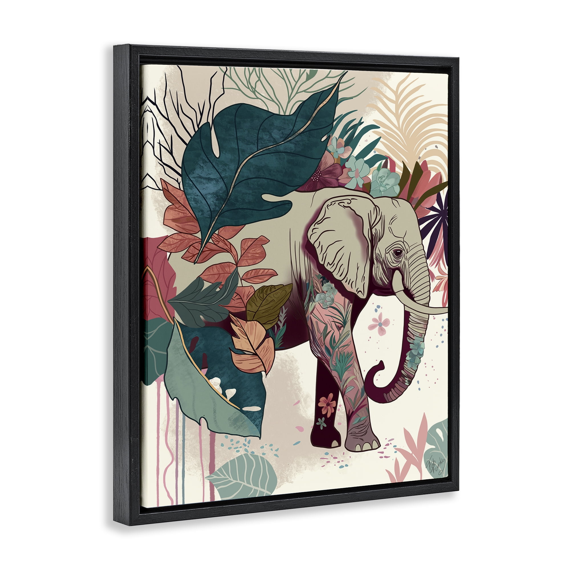 Stupell Industries Elephant & Tropical Leaves Animals & Insects Painting Black Floater Framed Canvas Art Print Wall Art, 17 x 21