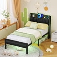 thumbnail image 3 of Twin Size Bed Frame with LED Light and Charging Station, Grey Upholstered Storage Headboard with Shelf, Metal Platform Bed with Heavy Duty Slats, No Box Spring Needed, Noise Free, 3 of 18