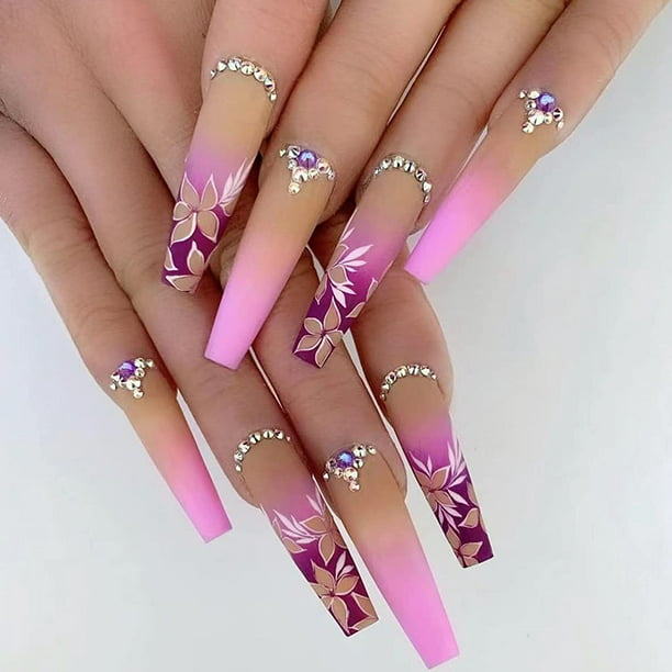 24Pcs Matte Coffin Press on Nails Long Pink Fake Nails Ballerina Purple  Nails Gradient Flower False Nails Rhinestones Glue on Nails for Women and  Girls 