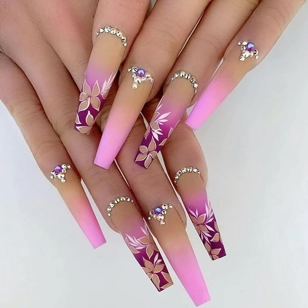 24Pcs Matte Coffin Press on Nails Long Pink Fake Nails Ballerina Purple Nails Gradient Flower False Nails Rhinestones Glue on Nails for Women and Girls 24Pcs Matte Coffin Press on Nails Long Pink Fake Nails Ballerina Purple Nails Gradient Flower False Nails Rhinestones Glue on Nails for Women and Girls
