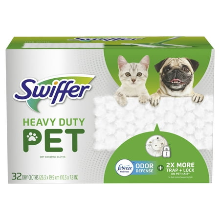 32 Cloths - Swiffer Sweeper Pet Heavy Duty Dry Sweeping Cloth refills with Febreze Odor Defense, 32 count