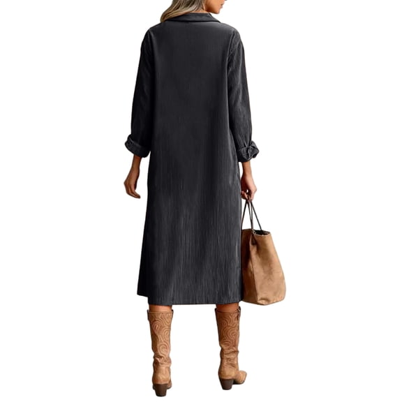 Fgvctg Womens Dresses Corduroy Button Down Long Sleeve Shirt Dresses Flowy Vintage Tunic Dress Fall Winter Oversized Lapel Long Dress with Pockets Dark Gray S