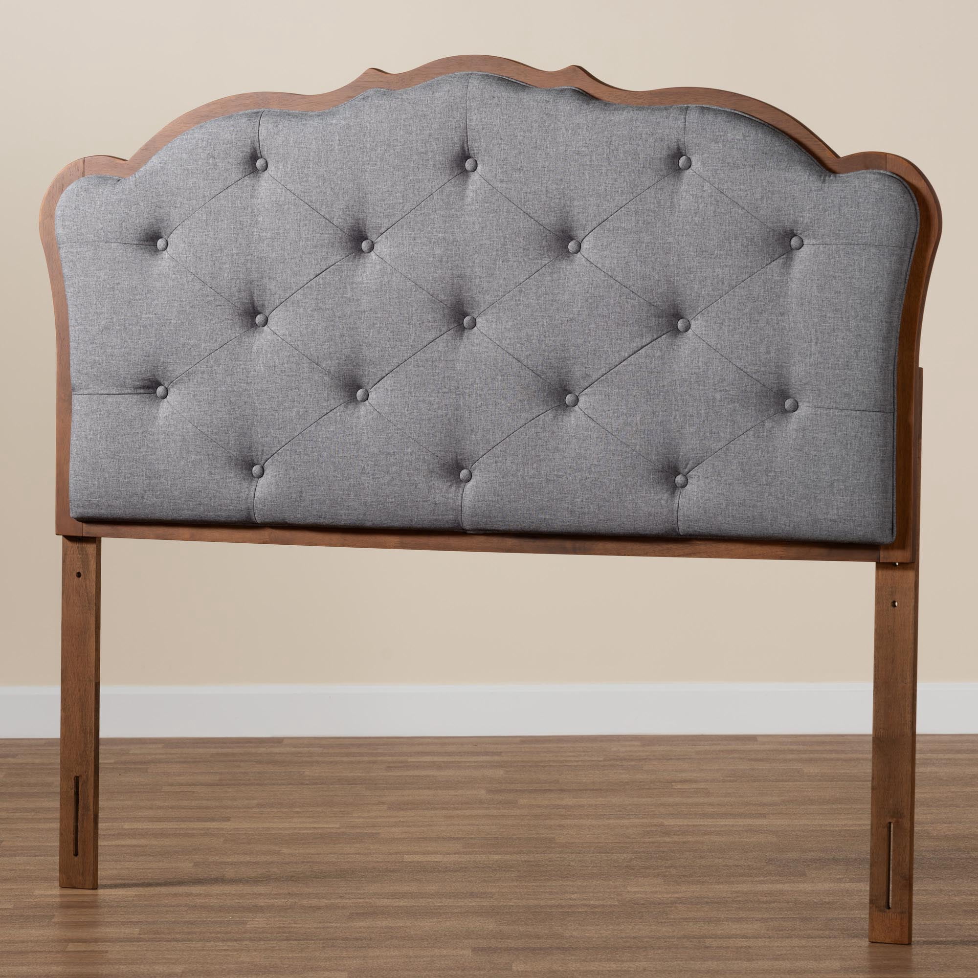 Baxton Studio Leandra Classic and Traditional Grey Fabric and Walnut Brown Finished Wood Queen Size Headboard
